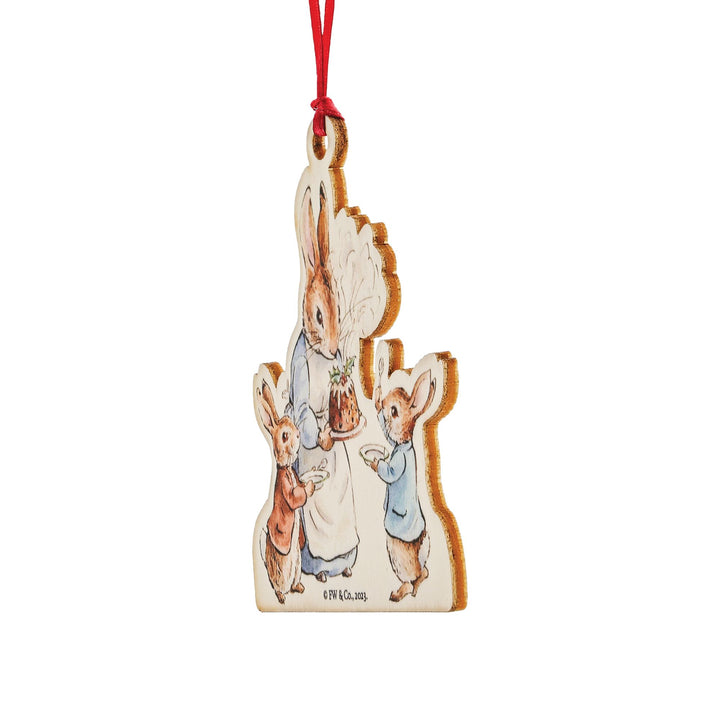 Mrs. Rabbit with a Christmas Pudding Wooden Hanging Ornament