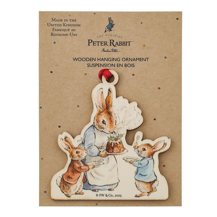 Mrs. Rabbit with a Christmas Pudding Wooden Hanging Ornament