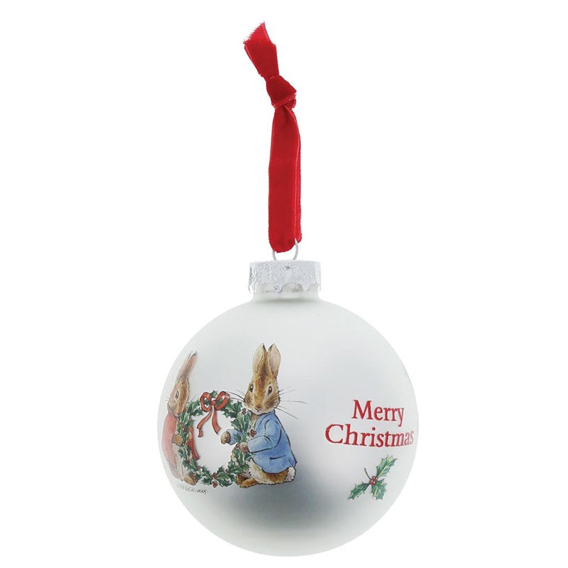Peter Rabbit and Flopsy Holding Holly Wreath Bauble by Beatrix Potter