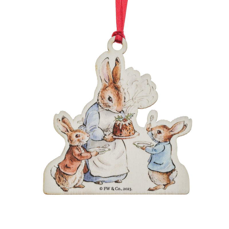 Mrs. Rabbit with a Christmas Pudding Wooden Hanging Ornament